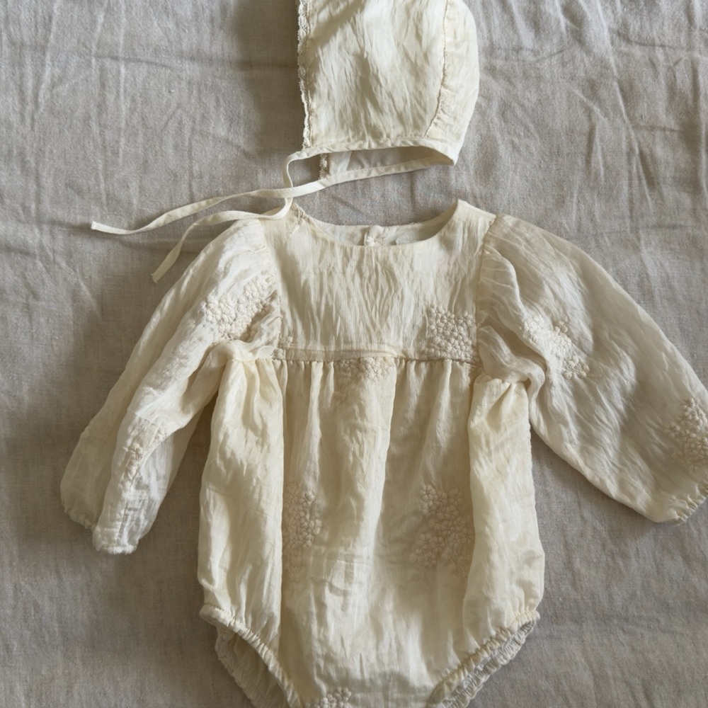 Zara Cream Embroidered Floral Baby Romper with Matching Bonnet